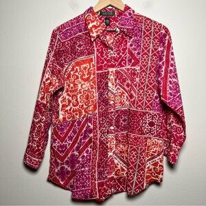 Laren Ralph Lauren Women Top Large Pink Patchwork Paisley Button Down Art Cotton